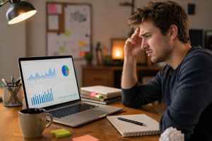 Beginner marketer seeing high traffic but low conversions on an ad campaign dashboard.
