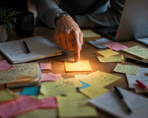 Hand pointing to one focused idea on a cluttered desk full of notes.