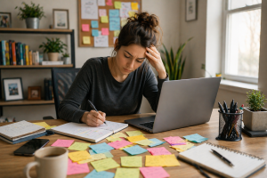 Beginner marketer getting organized with simple tools at a home office desk

