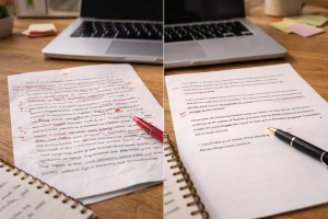 Rough draft and edited version showing how clearer writing improves copy

