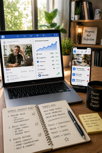 Beginner marketer planning helpful educational social media content at a desk.
