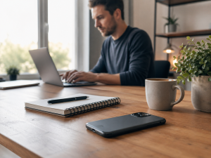 Phone turned face down on a desk while an entrepreneur focuses on laptop work during a distraction-free morning routine.
