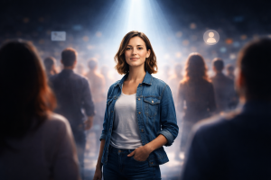 2070426 One clearly defined audience member standing out from a larger crowd.