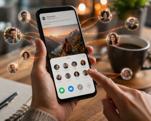 Social media post being shared from a smartphone to multiple people

