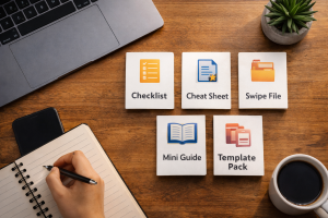 Marketer choosing a simple lead magnet idea from several clear options
