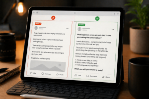2140426 Two content drafts side by side showing a weak hook and a strong hook