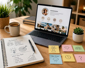 2160426 Desk setup showing audience planning notes beside a laptop with a clean social media profile.
