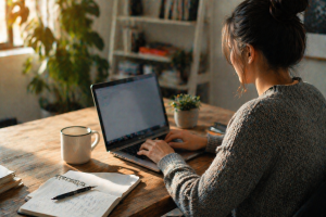 Person writing a simple comeback post on a laptop after taking time away from social media.