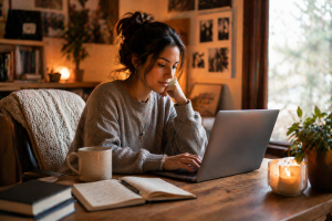 Creator sharing a personal story online while working from a cozy home office
