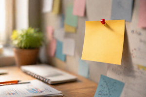 One clear note standing out among many blurred ideas to represent a focused main message.