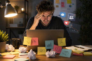  A frustrated beginner content creator at a desk, showing the struggle behind common marketing problems.
