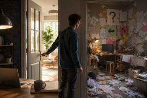 Visual metaphor showing a strong ad leading to a confusing landing page experience.
