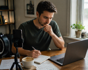Beginner creator documenting progress at a desk with notes and a laptop.
