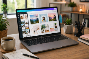 Beginner creating social media graphics and blog visuals on a laptop