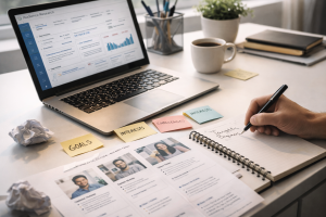 Audience research materials and customer profile notes on a marketing desk
