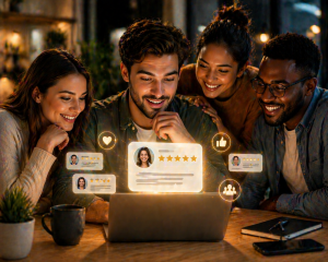 Group of people looking at positive reviews and testimonials on a screen
