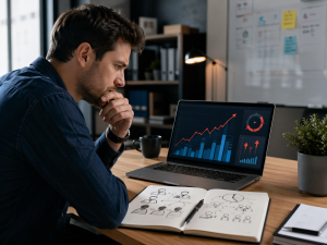 Marketer analyzing rising ad costs and audience targeting on a laptop.
