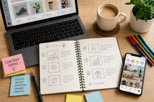 Top-down view of a desk with a notebook and devices used to plan list-style social media content.
