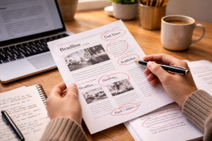 Person analyzing ad copy and notes to learn persuasive writing structure