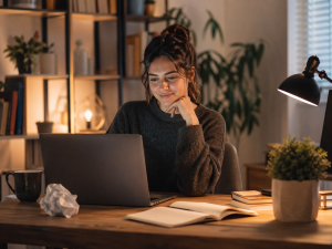 Content creator reflecting on a personal lesson while writing a social media story post.
