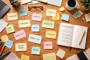 Messy content planning desk showing scattered ideas compared with one focused plan.
