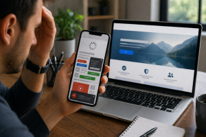 Person viewing a slow and poorly optimized landing page on a smartphone.