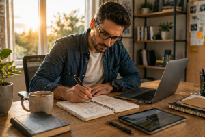 Entrepreneur creating content and reviewing notes in a bright morning workspace with laptop, notebook, and coffee.