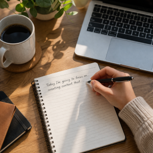 3050426 Notebook with an unfinished sentence beside a laptop in a creative workspace