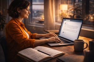 3070426 Content creator writing a personal story at a laptop in a cozy workspace.