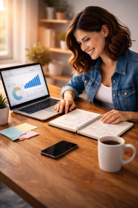 3080426 Beginner creator celebrating small progress and early growth online