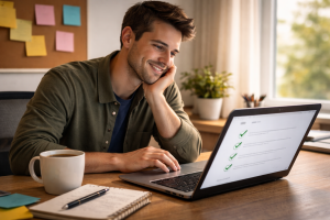 3110426 Beginner business owner reviewing a simple checklist with a relieved expression