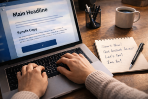 Person rewriting a weak call to action into a clearer benefit-driven message
