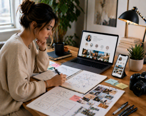 3160426 Content creator planning a clear and unique profile message with notes, phone, and laptop.