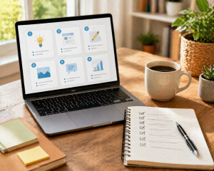 Step-by-step tutorial content being planned on a laptop and notebook
