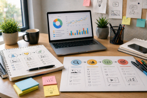 Simple educational content plan laid out on paper beside a laptop and notebook
