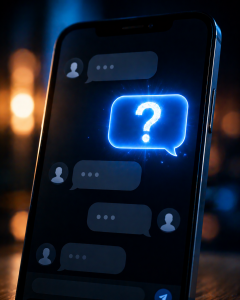 Smartphone chat screen with a glowing question mark inside a direct message bubble.

