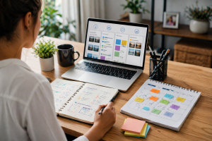 Content creator planning simple step-by-step marketing actions with a notebook, laptop, and calendar.