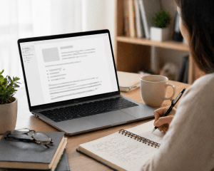 Laptop and notes on a desk showing the creation of helpful educational content.