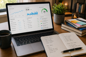 Keyword research and content planning tools open on a laptop beside notes
