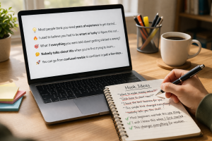 Laptop and notebook with multiple opening hook ideas for social posts and copy
