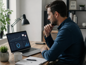Marketer reviewing real results and performance improvements on a laptop.

