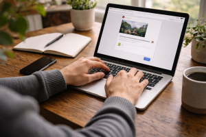 4050426 Person writing a short social media post on a laptop in a cozy room