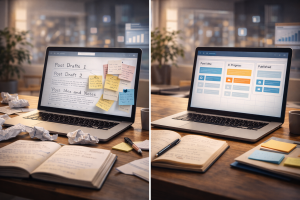 4070426 Content creator writing a personal story at a laptop in a cozy workspace.