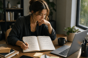 4140426 Content creator planning useful tips and relatable story examples in a notebook