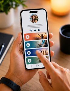 4160426 Close-up of a person tapping a focused link in bio page on a smartphone.