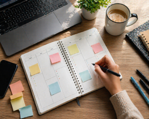 Weekly content plan laid out on a desk to help restart social media consistency.
