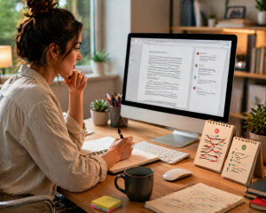 Content creator reviewing mistakes and improving a draft