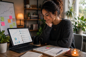 Content creator reviewing small wins and positive audience responses on a screen
