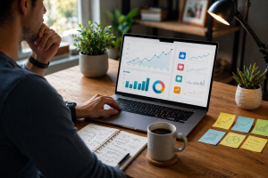 Marketer reviewing content performance charts and engagement patterns on a laptop.

