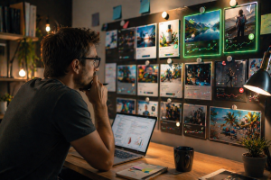 Marketer comparing multiple ad creatives to test which version performs best.
